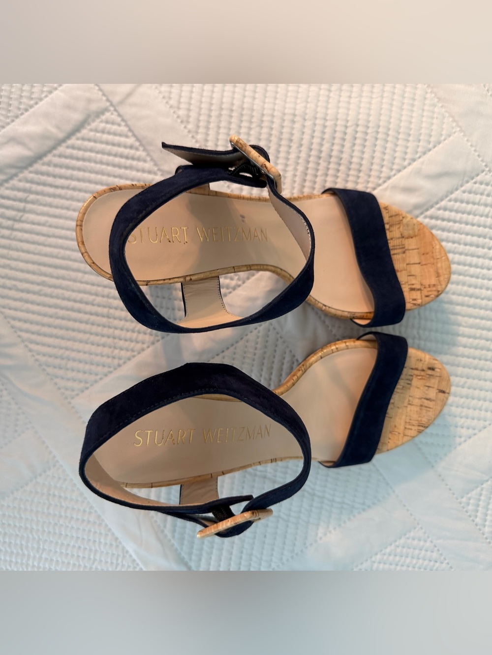 Stuart Weitzman Alesha Navy Suede Strap Cork Platform Sandals Size 9 Nearly New - Picture 4 of 13